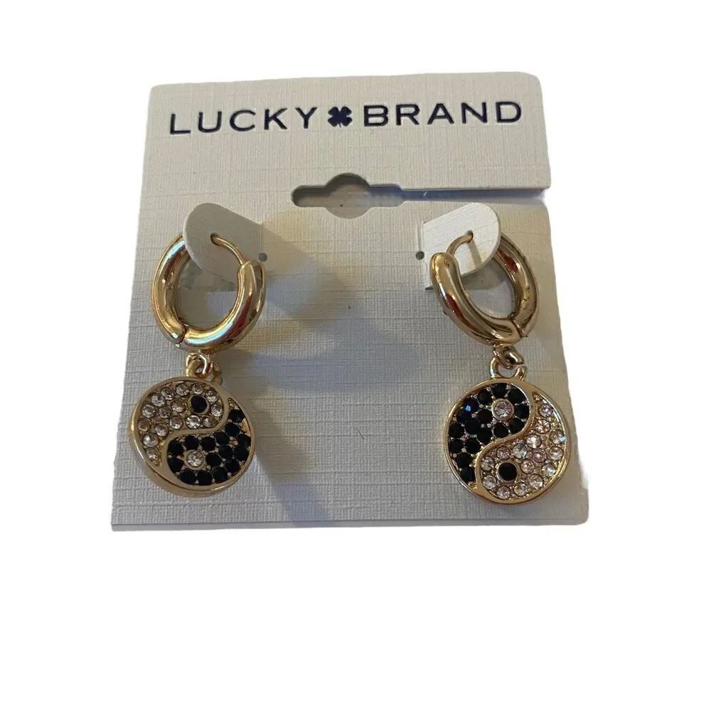 Pave Yin-Yang Gold Toned Hoop Drop Earrings.